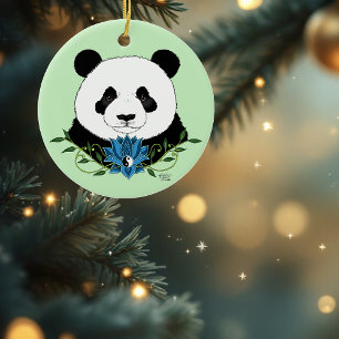 Panda Bear Lotus Flower Blue Ceramic Ornament
