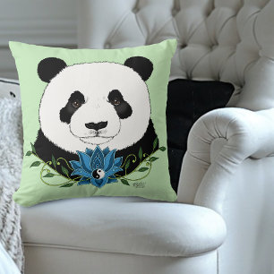 Panda Bear Lotus Flower Blue Cushion