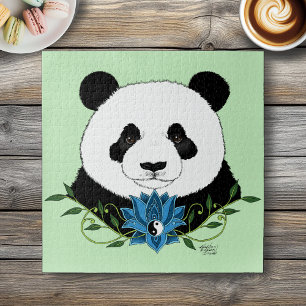 Panda Bear Lotus Flower Blue Jigsaw Puzzle