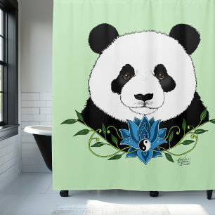 Panda Bear Lotus Flower Blue Shower Curtain
