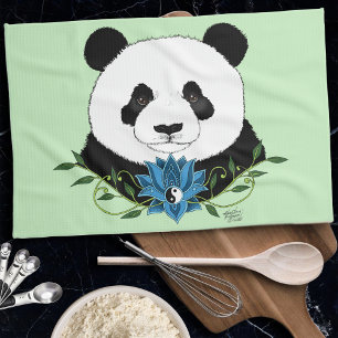 Panda Bear Lotus Flower Blue Tea Towel
