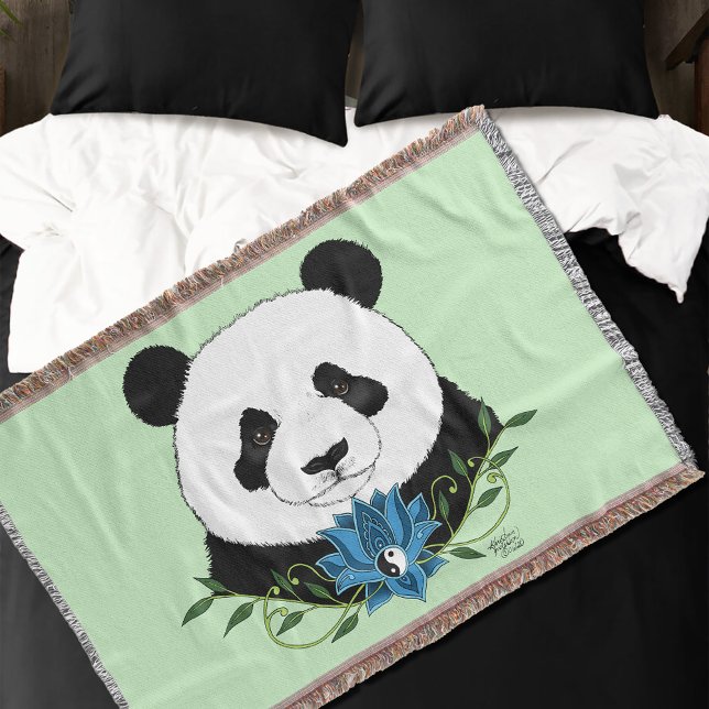  Panda Bear Lotus Flower Blue Throw Blanket (Creator Uploaded)