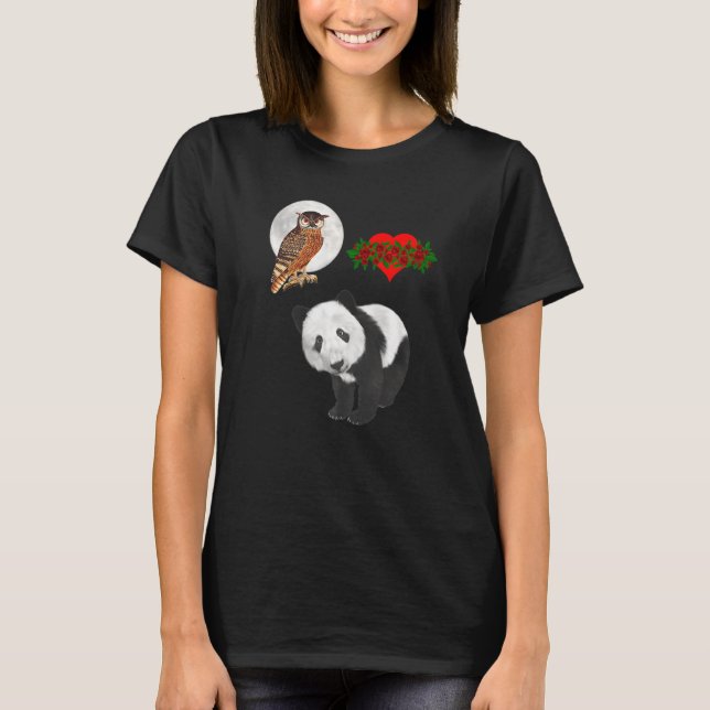 Panda Bear Owl  Wildlife Roses Girl Woman T-Shirt (Front)