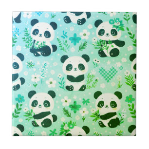 Panda Bear Pattern Green Print Ceramic Tile