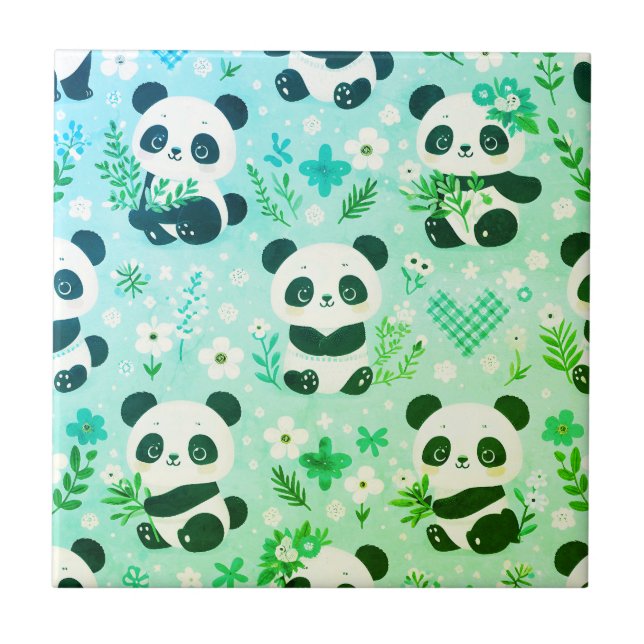 Panda Bear Pattern Green Print Ceramic Tile (Front)