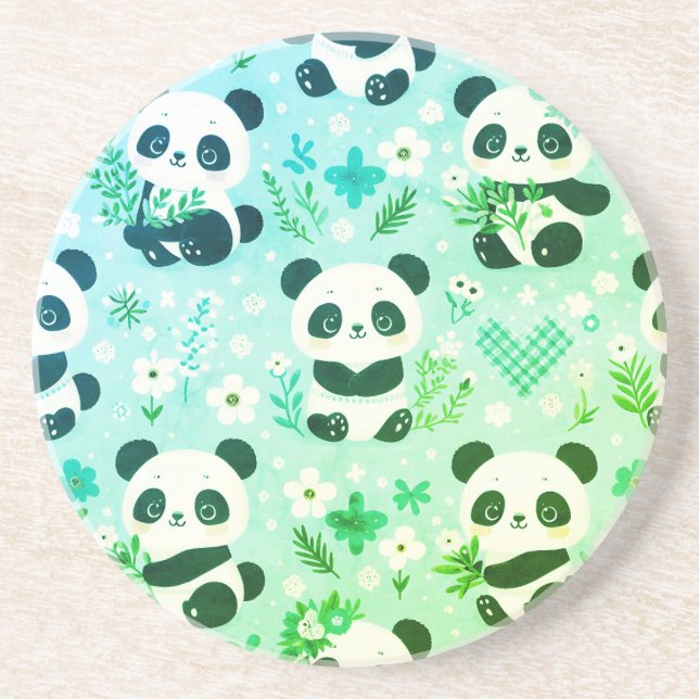 Panda Bear Pattern Green Print Coaster (Front)