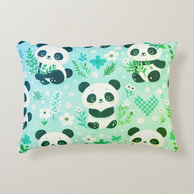 Panda Bear Pattern Green Print Decorative Cushion (Front)