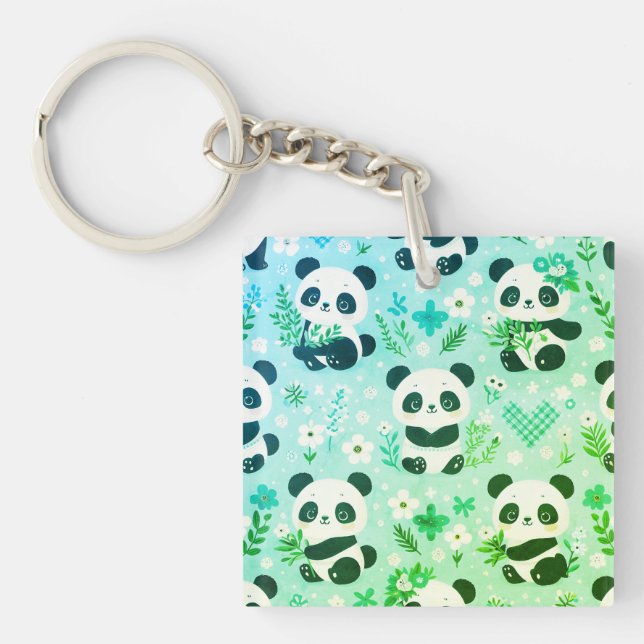Panda Bear Pattern Green Print Key Ring (Front)