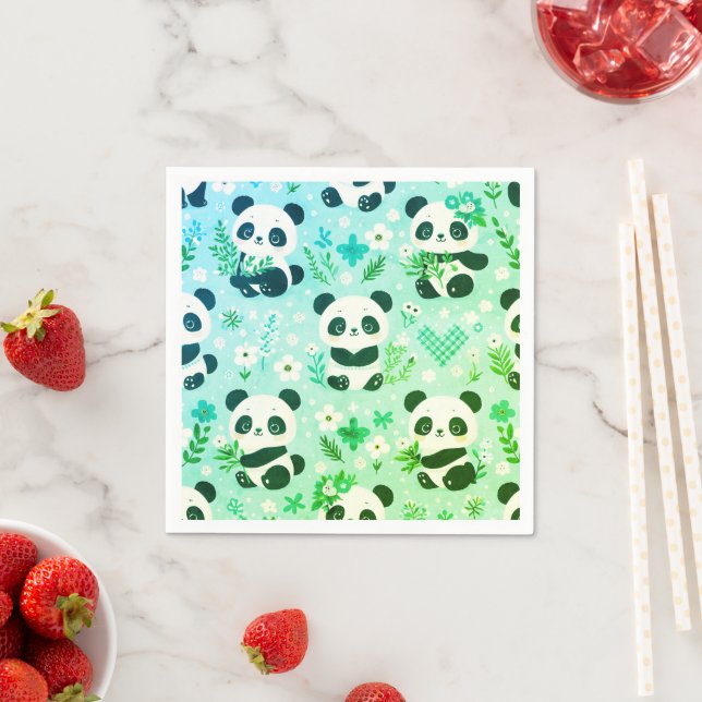 Panda Bear Pattern Green Print Napkin (Insitu)