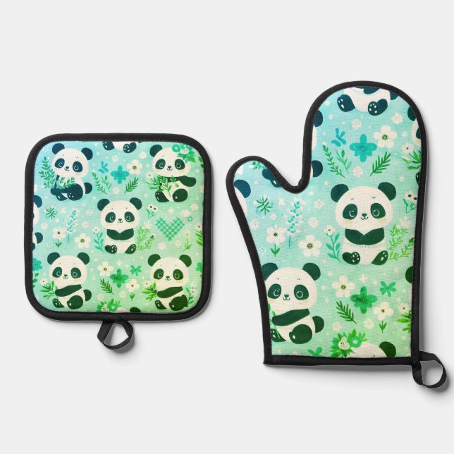 Panda Bear Pattern Green Print Oven Mitt & Pot Holder Set (Front)