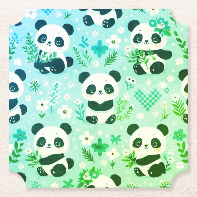 Panda Bear Pattern Green Print Paper Coaster (Front)