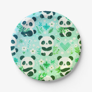 Panda Bear Pattern Green Print Paper Plate
