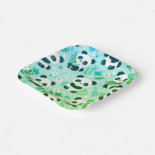 Panda Bear Pattern Green Print Paper Plate