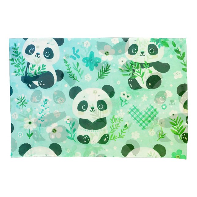 Panda Bear Pattern Green Print Pillowcase (Front)