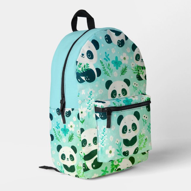 Panda Bear Pattern Green Print Printed Backpack (Back Corner Left)
