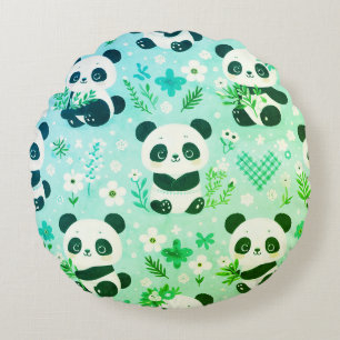 Panda Bear Pattern Green Print Round Cushion