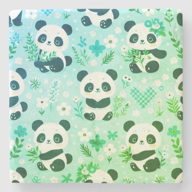 Panda Bear Pattern Green Print Stone Coaster (Front)