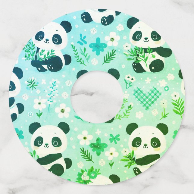 Panda Bear Pattern Green Print Wine Glass Tag (Front)