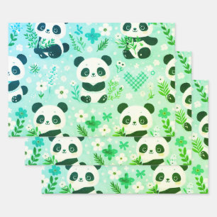 Panda Bear Pattern Green Print Wrapping Paper Sheet