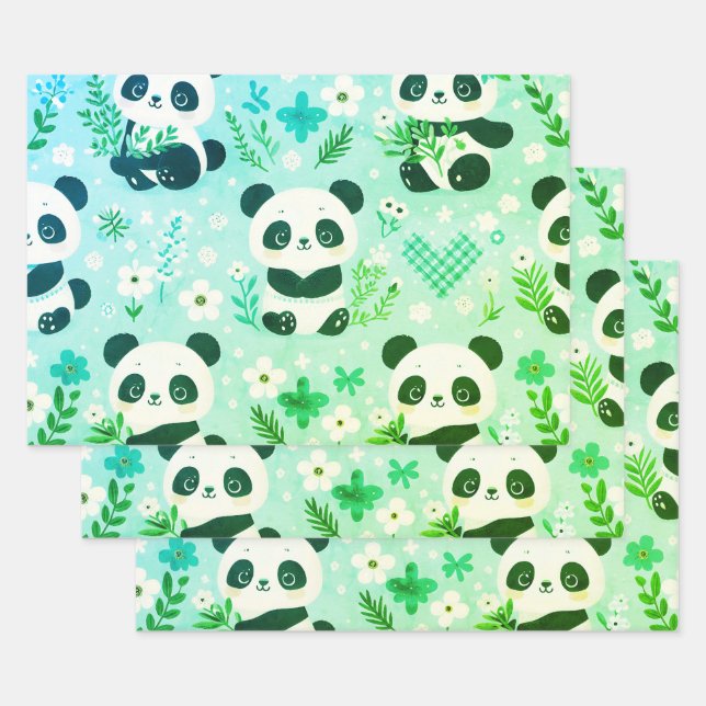 Panda Bear Pattern Green Print Wrapping Paper Sheet (Set)