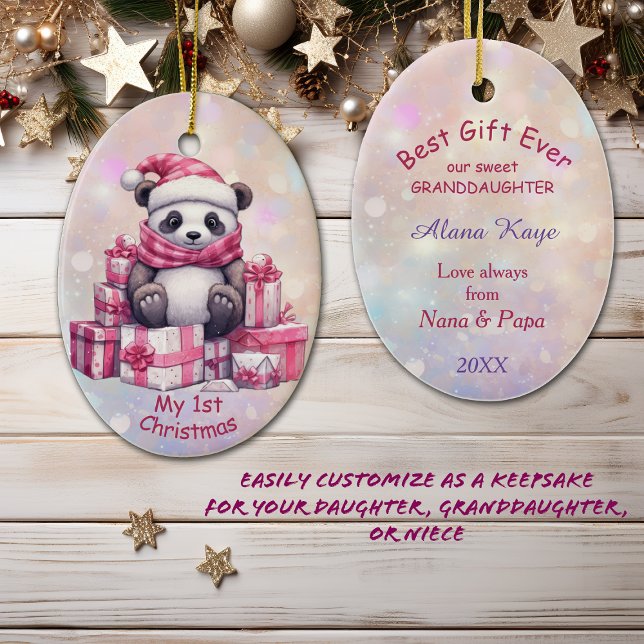 Panda Bear Pink Granddaughter First Christmas Ceramic Ornament (Creator Uploaded)