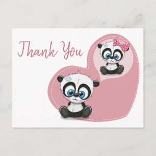 Panda Bear Pink Heart Thank You Wedding Party Postcard