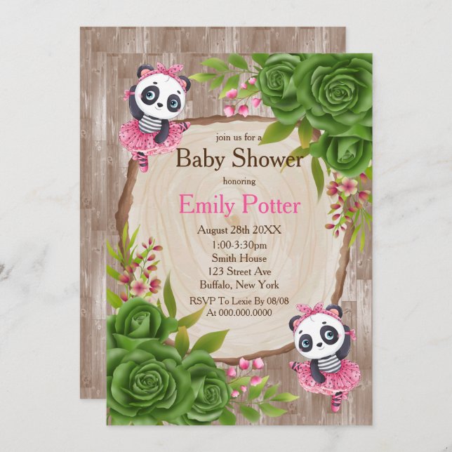 Panda Bear Pink Tutu Wood Baby Shower Invitations (Front/Back)