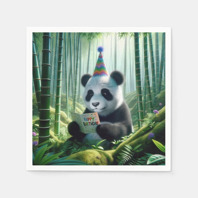 Panda Bear Reading a Birthday Card Napkin (Front)
