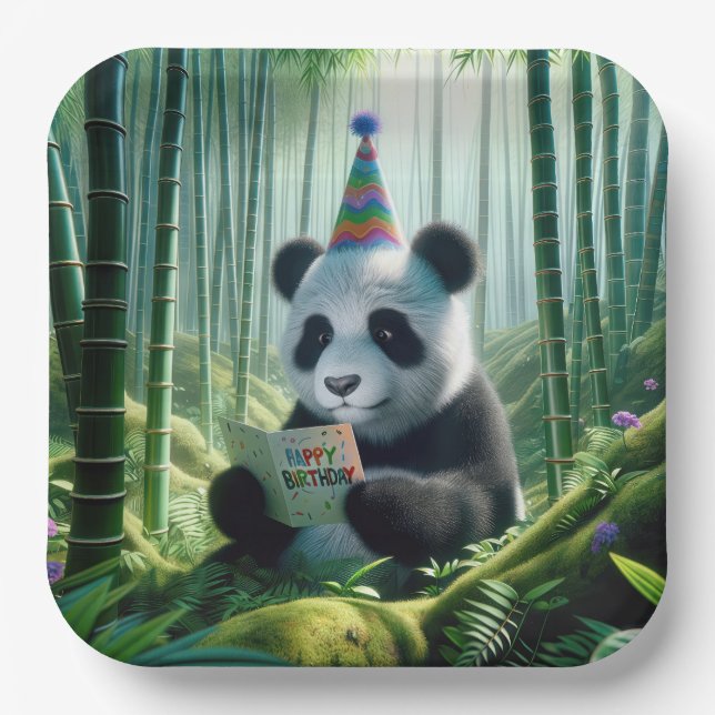 Panda Bear Reading a Birthday Card Paper Plate (Front)