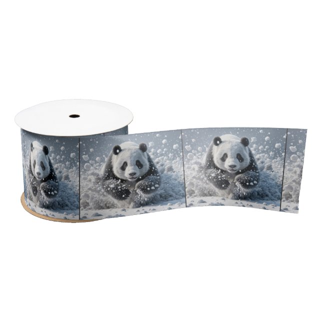 Panda Bear Running In Snow Satin Ribbon (Spool)