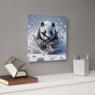 Panda Bear Running In Snow Square Wall Clock