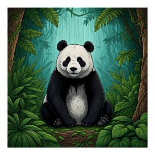Panda bear sitting in a clearing of the jungle poster