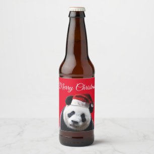 Panda Bear Wearing a Santa Claus Hat for Christmas Beer Bottle Label