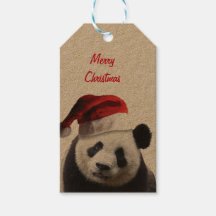 Panda Bear Wearing a Santa Claus Hat for Christmas Gift Tags