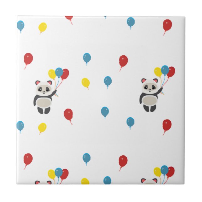 Panda bear with balloons white ceramic tile (Front)