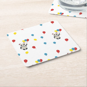Panda bear with balloons white square paper coaster