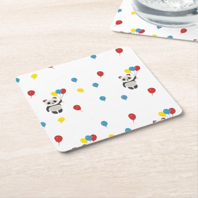Panda bear with balloons white square paper coaster (Angled)
