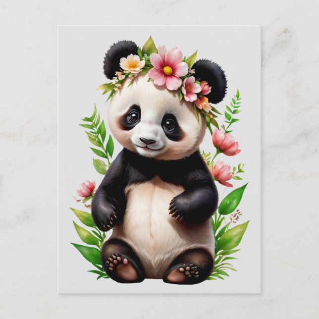 Panda Bear With Flowers Postcard (Front)