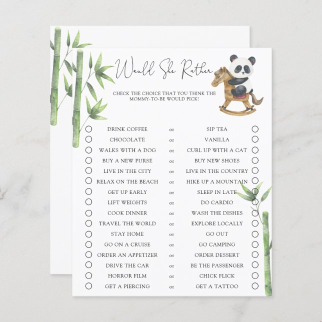 Panda Bear Would She Rather Baby Shower (Front/Back)