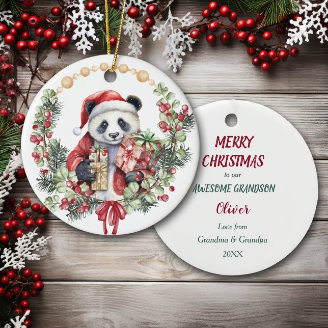 Panda Bear Wreath Grandson Christmas Ceramic Ornament (Creator Uploaded)