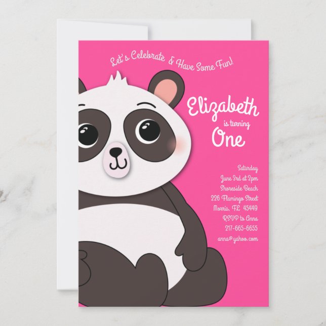 Panda Bears Cute Kids 1st Birthday Party Pink Invitation (Front)