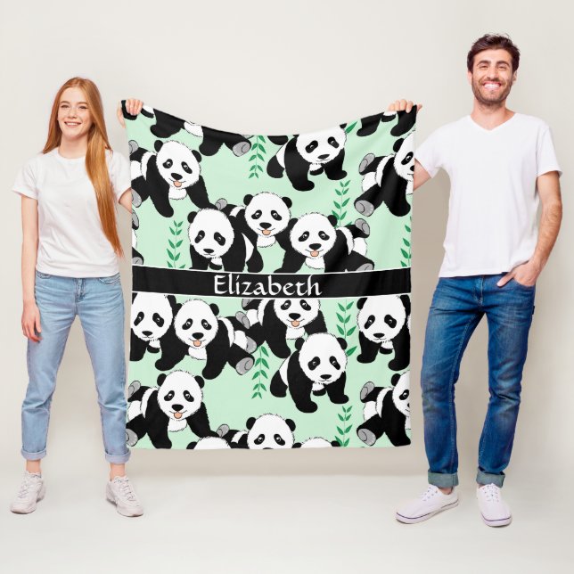 Panda Bears Graphic Personalise Larger Fleece Blanket (In Situ)