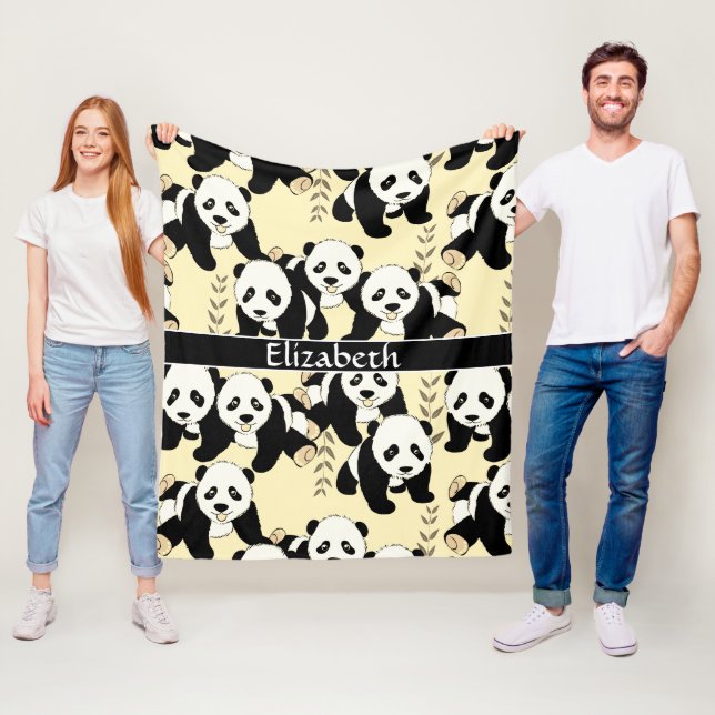Panda Bears Graphic Personalise Larger Fleece Blanket (In Situ)