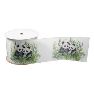 Panda Bears In Bamboo Leaves Satin Ribbon