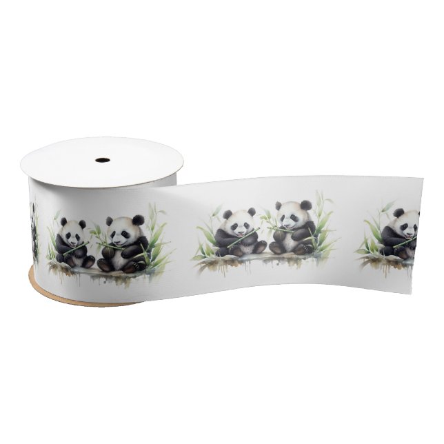 Panda Bears Watercolor Art Satin Ribbon (Spool)