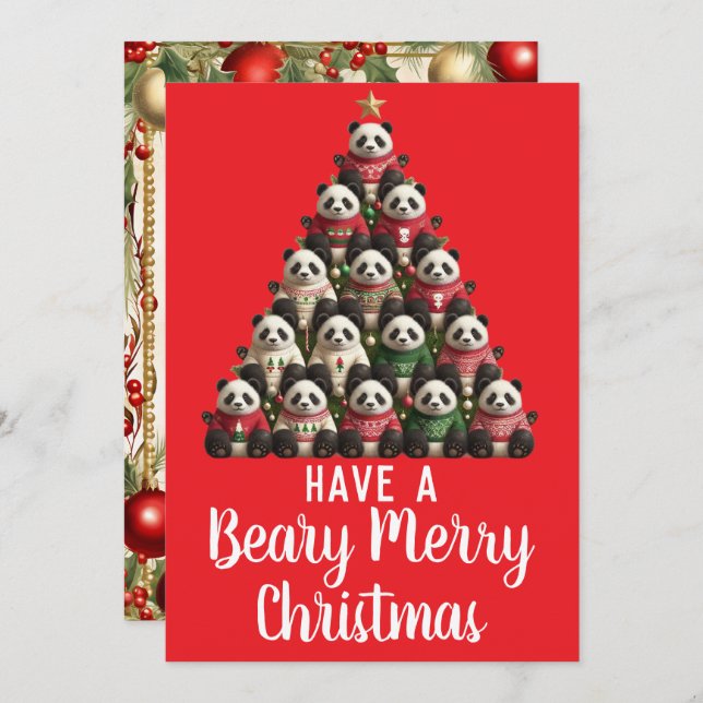 Panda Beary Merry Christmas Tree Holiday Card (Front/Back)