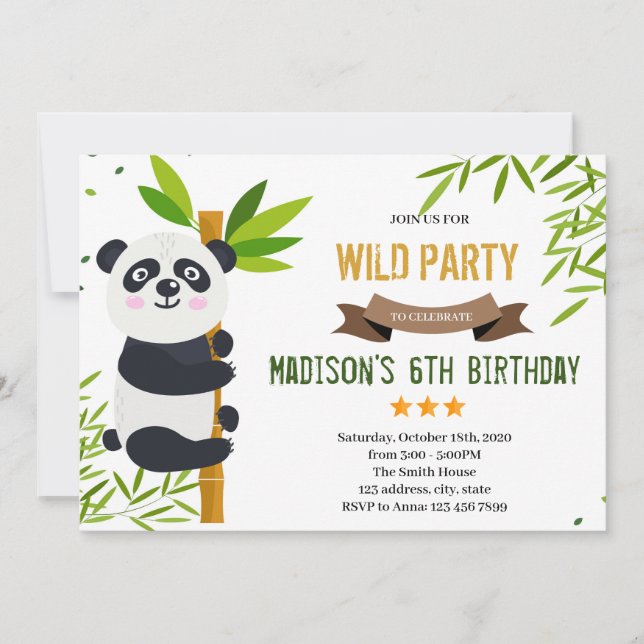 Panda birthday party theme invitation (Front)