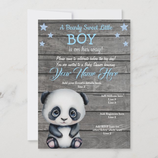 Panda Boy Baby Shower Invitation, rustic blue boy  Invitation (Front)