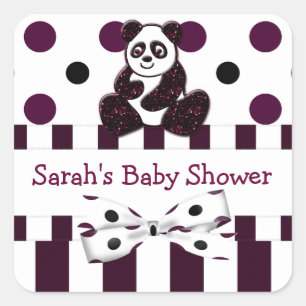Panda Burgundy Glitter Dots & Stripes Baby Shower Square Sticker