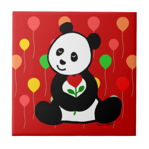 Panda Cartoon and A Heart Flower Ceramic Tile